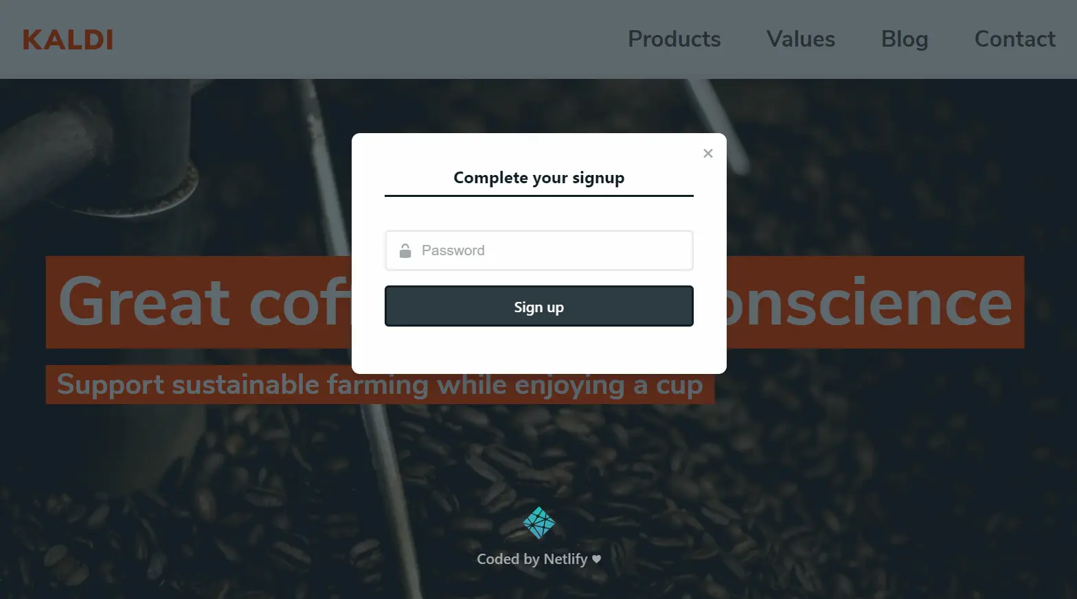 "Complete your signup" modal on the Kaldi coffee site